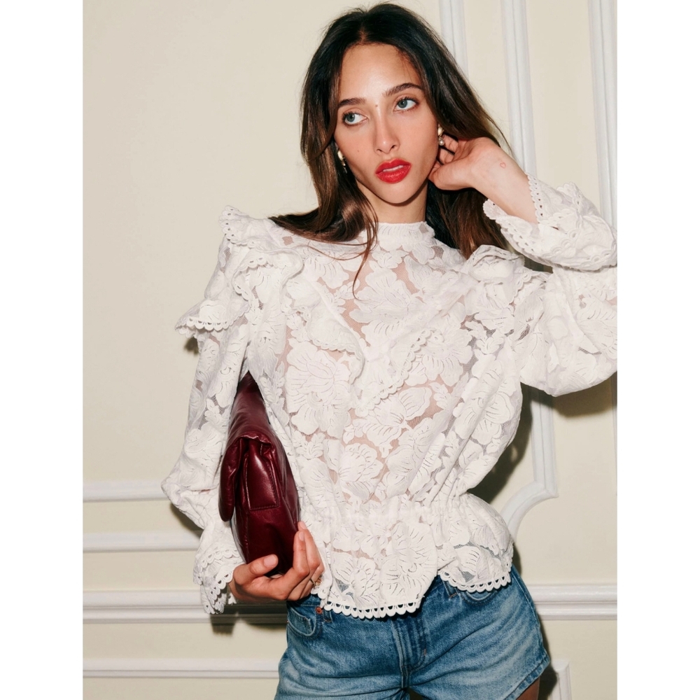 THE COLLECTION BY REFORMATION Carlisle Top Ivory White Lace Long Sleeve 10